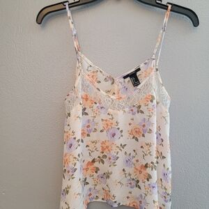 Forever 21 White Floral Lace-Trim Cami with Peach & Lavender Blooms